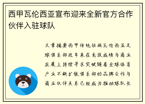 西甲瓦伦西亚宣布迎来全新官方合作伙伴入驻球队