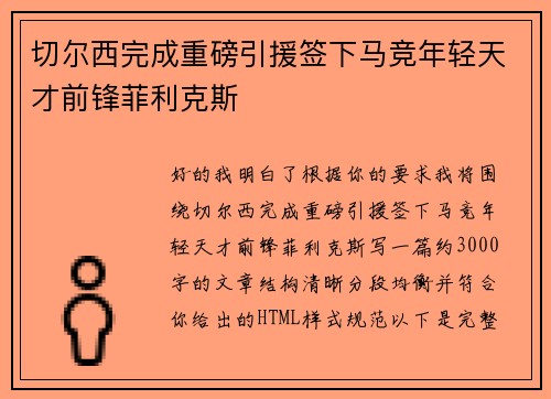 切尔西完成重磅引援签下马竞年轻天才前锋菲利克斯