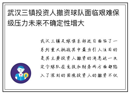 武汉三镇投资人撤资球队面临艰难保级压力未来不确定性增大