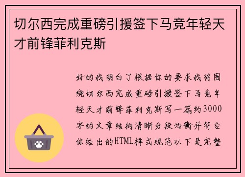 切尔西完成重磅引援签下马竞年轻天才前锋菲利克斯