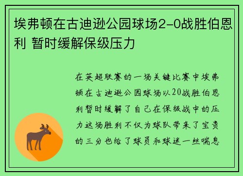 埃弗顿在古迪逊公园球场2-0战胜伯恩利 暂时缓解保级压力